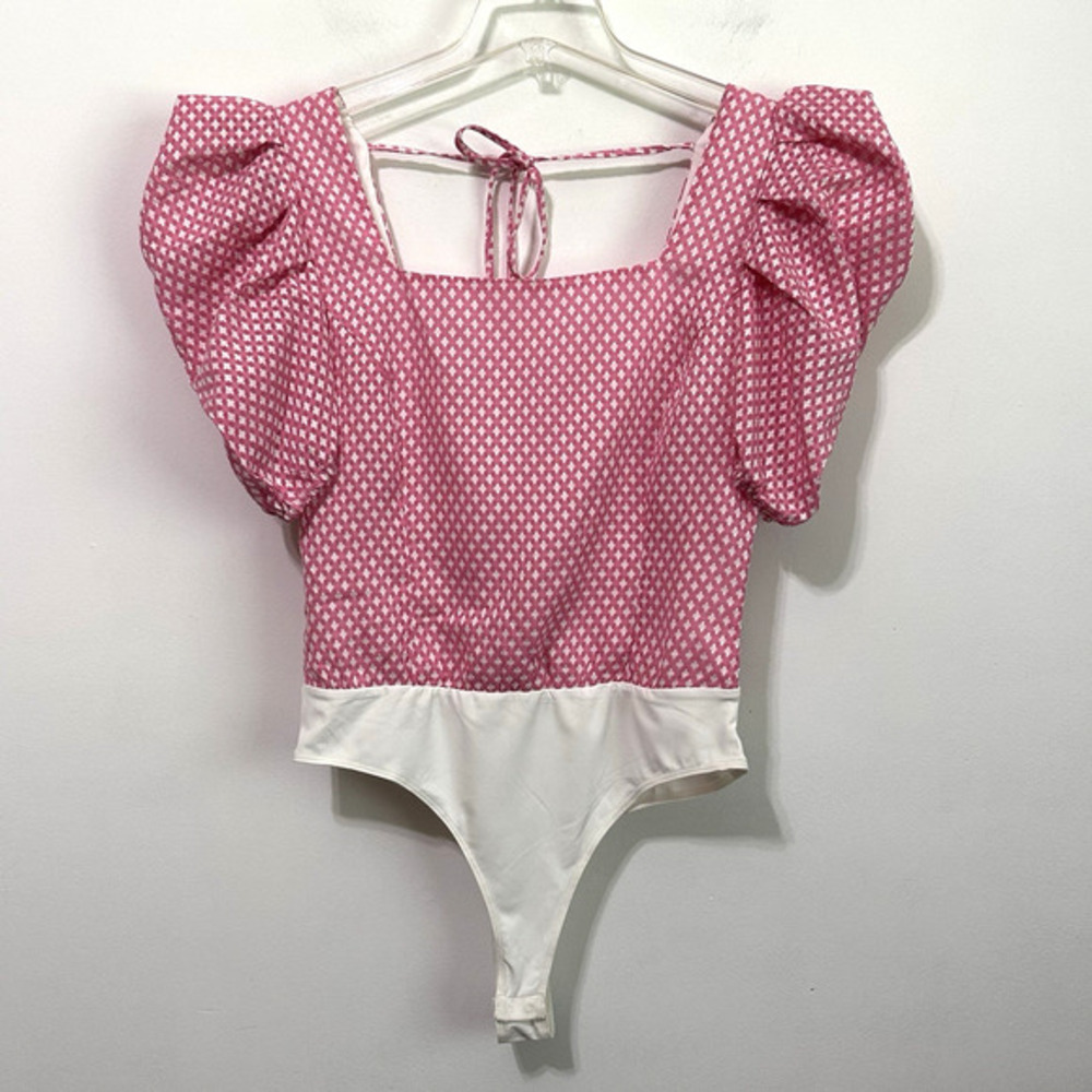 TCEC Bodysuit Top L Blouse‎ Pink Puff Sleeve Tie Neckline Summer Spring Party